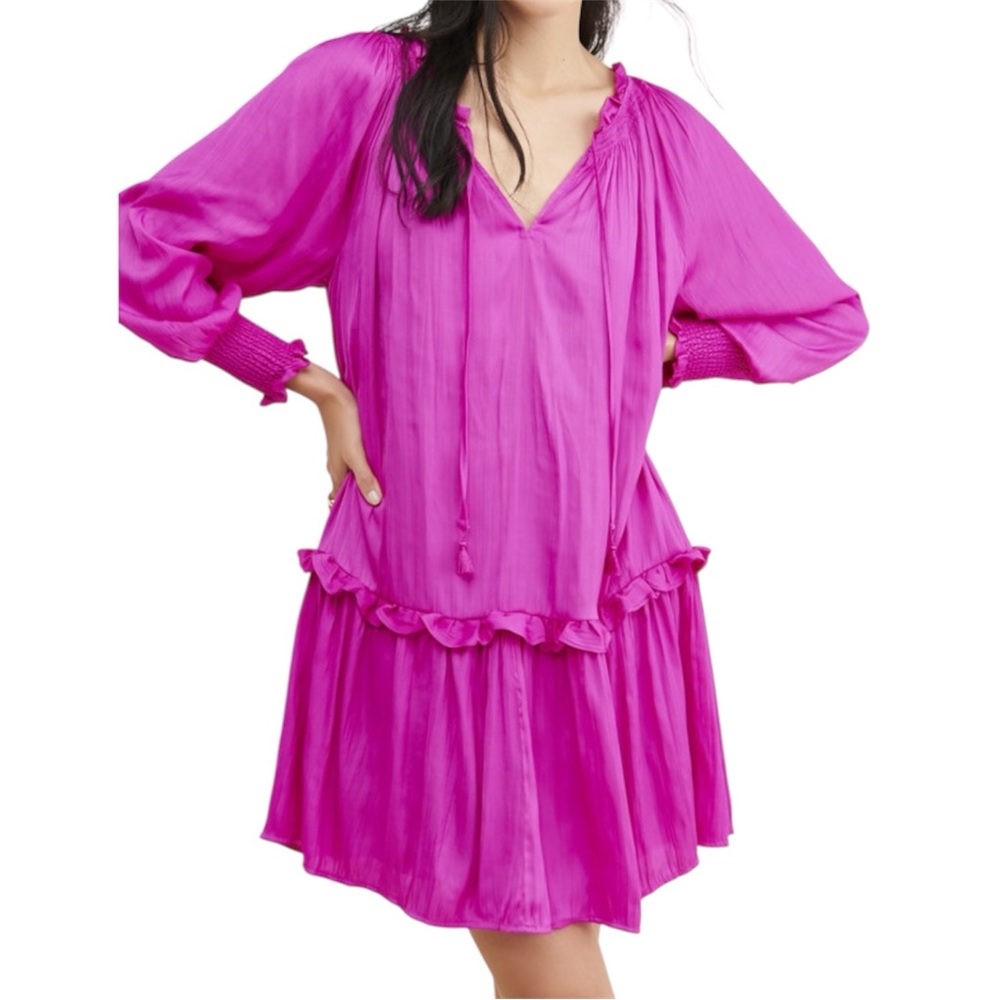 Anthropologie Giulia Tunic Dress Size M Bright Fuchsia Boho Ruffle Swing NWT